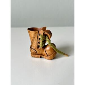 Hand-carved Wooden Hobo Boot Figurine with Green Laces